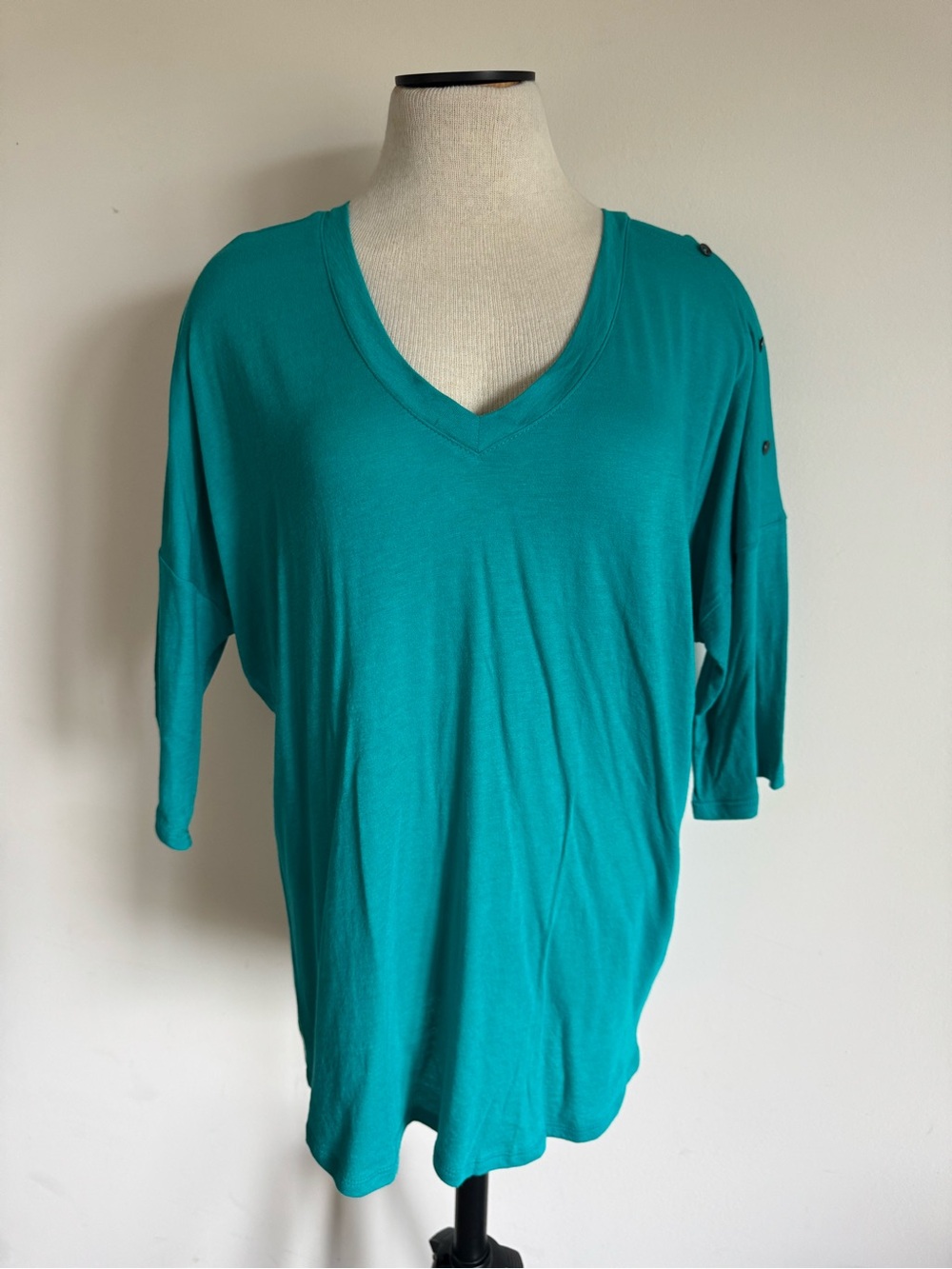 Express Teal Blouse Short Sleeve Button Top N Neck Shirt Large NWOT